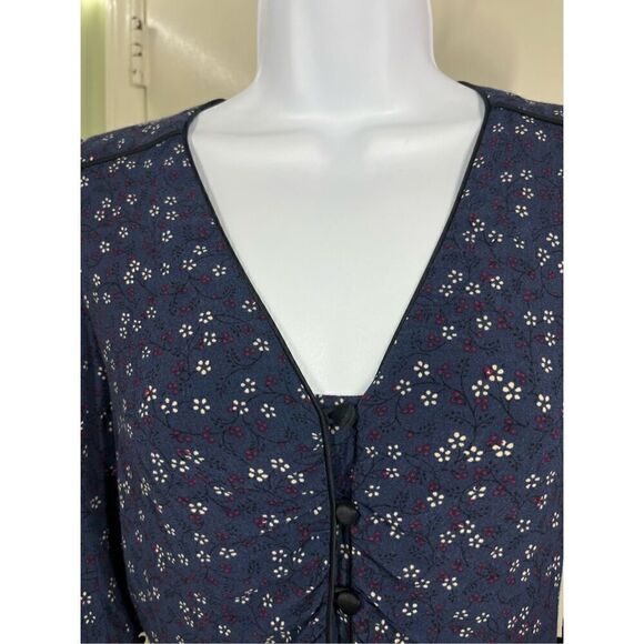 Veronica Beard Hayden Navy with Dainty Flowers Satin Piping Blouse Size 0 - Picture 5 of 9